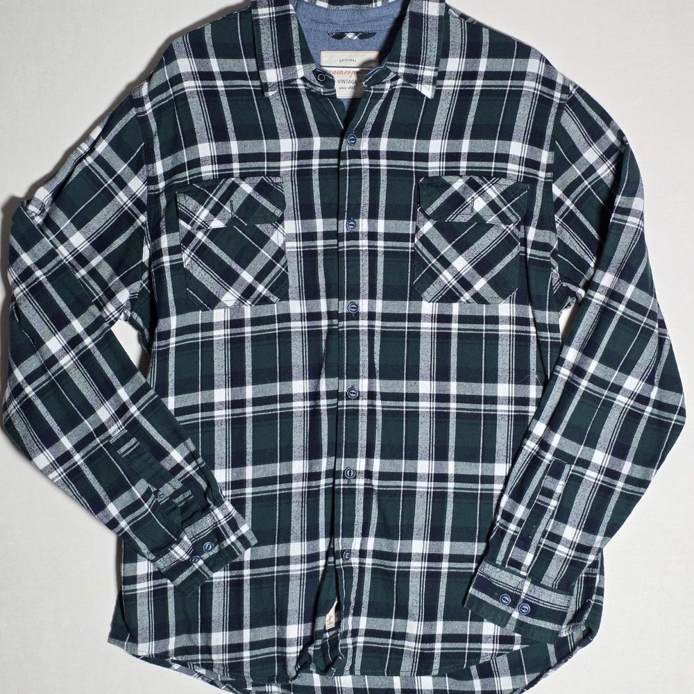 Weatherproof Vintage Dark Green White Plaid Heavy Flannel Large